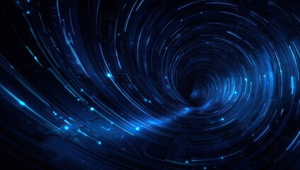 Digital vortex, swirling blue lines and light particles forming tunnel on dark backdrop