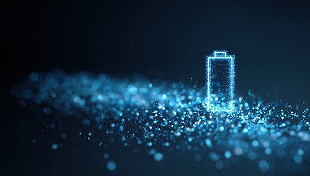 Glowing digital battery icon composed of scattered blue particles on a dark background