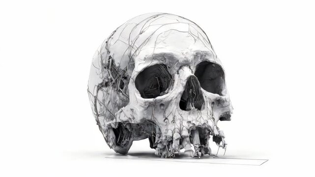 A human skull entangled with intricate wires, depicted in a surreal artistic style on a clean white background, symbolizing decay and technology fusion