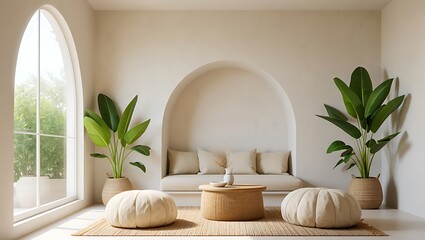 Modern minimalist indoor seating area with arched alcove and plants