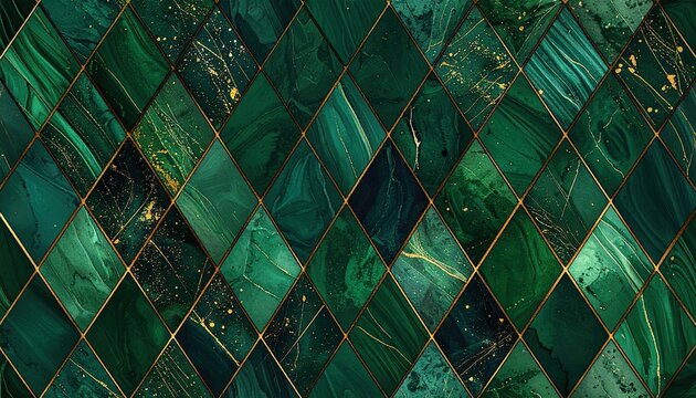 Elegant Emerald Green Marble Geometric Pattern with Luxurious Gold Accents.