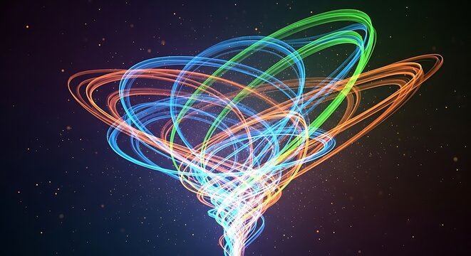 A vibrant abstract composition features multicolored swirling light trails against a dark, speckled background. The lines twist, blend, and overlap - Powered by Adobe
