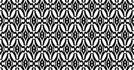 Seamless black and white abstract geometric pattern with repeating ornamental shapes, ideal for modern backgrounds, textiles, wallpapers, and graphic design projects.