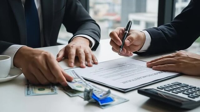 business deal handshake and signing contract with money exchange showing corruption