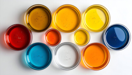 Colorful liquids in glass bowls, various colors, top view, white background.