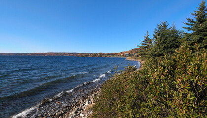 Autumn Coastal View of Houses and Road Across the Water at Groves Point, Cape Breton