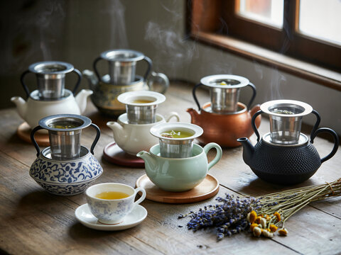 AI-Generated Image of Eight teapots with infusers are arranged on a wooden table, each steaming with freshly brewed tea. A floral teacup and saucer sit in front, alongside dried flowers.