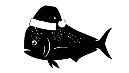 White outline fish wearing Santa hat isolated on a transparent background 1
