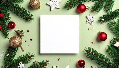 Festive Christmas flat lay with fir branches ornaments and blank space for text.