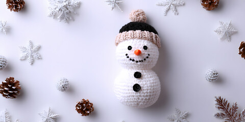 Snowman flat lay on white background Christmas holiday concept