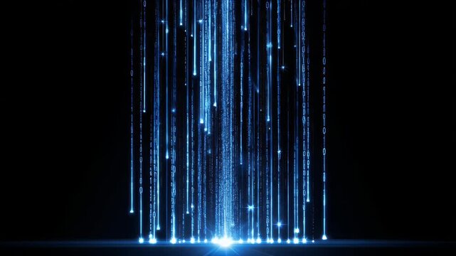 Abstract blue data streams descending in a dramatic dark digital environment symbolizing massive information flow and futuristic cyberspace technology