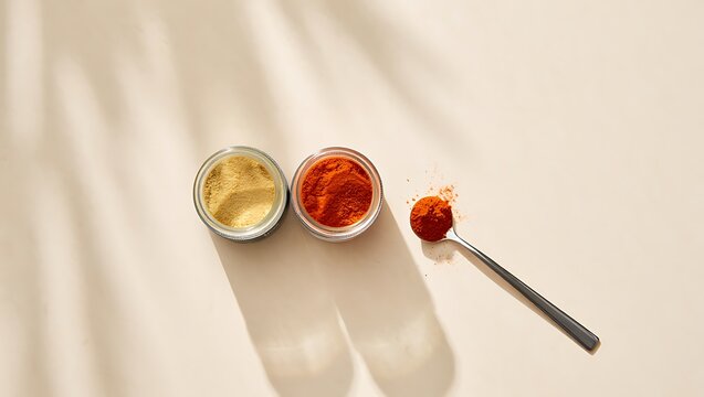 Small bowls of turmeric and paprika powder with measuring spoon
