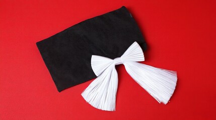 academia. Graduation cap with tassel and decorative bow on red background in a top-down view composition. event programs, museum guides, designed for cultural heritage projects and event programs.