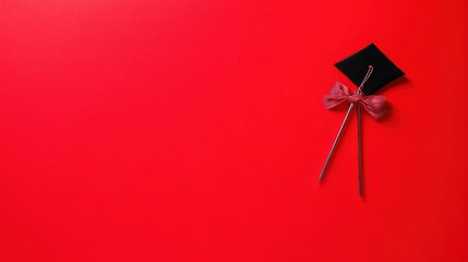 academia. Graduation cap with tassel and decorative bow on red background in a top-down view composition. event programs, museum guides, designed for cultural heritage projects and event programs.