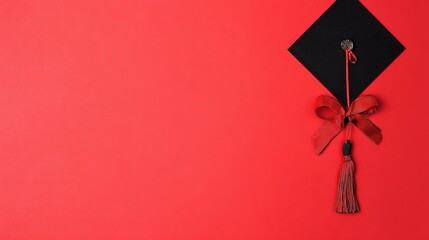academia. Graduation cap with tassel and decorative bow on red background in a top-down view composition. event programs, museum guides, designed for cultural heritage projects and event programs.