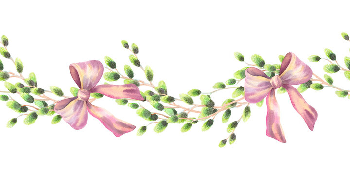 Seamless border of willows branches with whe bows Handmade watercolor illustration. For fabric, wallpaper, packing paper, greeting cards, design, decoration and illustration.