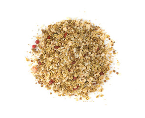 Muesli isolated. Crunchy granola with cereal mix, oat flakes, dry fruits, berries and fiber