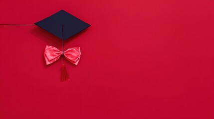 academia. Graduation cap with tassel and decorative bow on red background in a top-down view composition. event programs, museum guides, designed for cultural heritage projects and event programs.