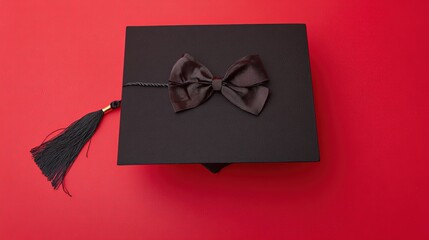 academia. Graduation cap with tassel and decorative bow on red background in a top-down view composition. event programs, museum guides, designed for cultural heritage projects and event programs.