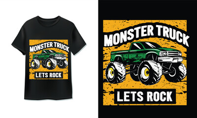 Green monster truck lets rock tshirt design vector illustration in grunge style © Nerob