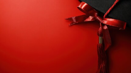 academia. Graduation cap with tassel and decorative bow on red background in a top-down view composition. event programs, museum guides, designed for cultural heritage projects and event programs.