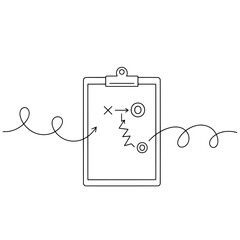 Continuous Line Drawing of a Strategic Plan on a Clipboard with Arrows and Obstacles, Representing Goal Achievement.