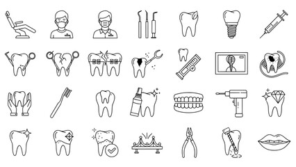 Comprehensive Collection of Dental and Dentistry Icons: Minimal Line Art for Oral Health and Clinic Services.