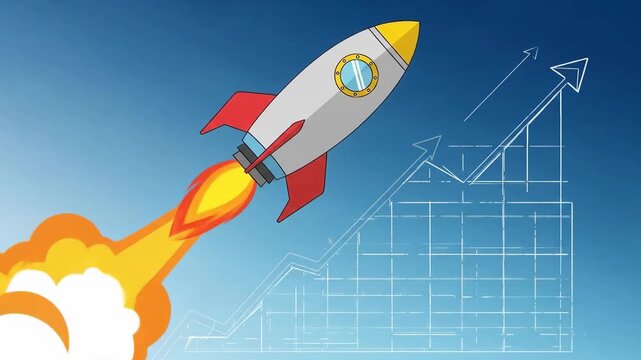 Pixelated Rocket Ship Ascending with Flame Trails Against a Gradient Blue Sky and Growing Chart