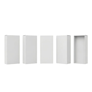A set of plain white rectangular boxes shown in different views for packaging mockup design