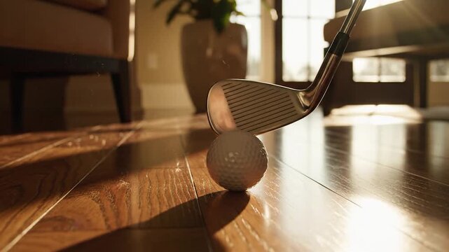 Indoor golf practice with a putter and ball on hardwood floors for fitness fun or a creative hobby, perfect for home entertainment