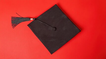 academia. Graduation cap with tassel and decorative bow on red background in a top-down view composition. event programs, museum guides, designed for cultural heritage projects and event programs.
