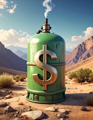 Green gas canister with dollar sign, desert landscape