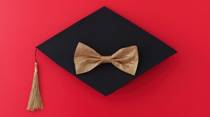 academia. Graduation cap with tassel and decorative bow on red background in a top-down view composition. event programs, museum guides, designed for cultural heritage projects and event programs.