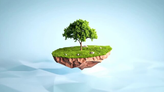 Floating Island with Tree on a blue background Low poly 3D rendering with green grass and foliage concept of environment