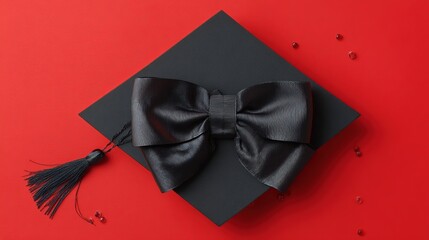 academia. Graduation cap with tassel and decorative bow on red background in a top-down view composition. event programs, museum guides, designed for cultural heritage projects and event programs.