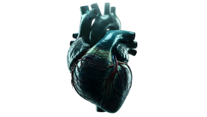 Detailed dark blue 3D render of a realistic human heart anatomy with visible arteries and veins, isolated on a Transparency background. Cardiovascular health and medical concept