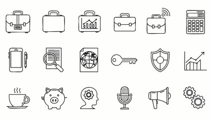 Collection of modern business and finance icons representing growth, security, communication, and investment opportunities.