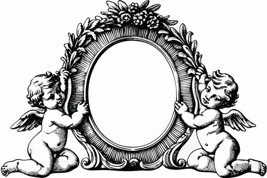 Ornate oval frame with cherubs and floral embellishments