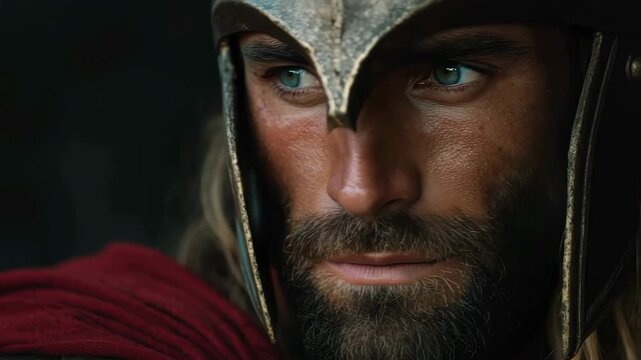 Spartan Warrior in Ancient Bronze Helmet