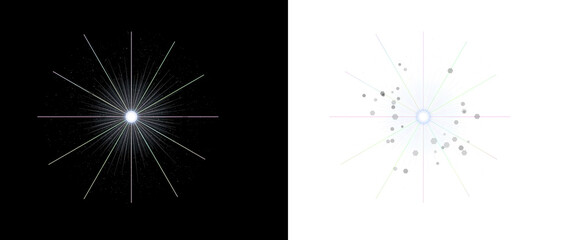 Fototapeta premium A bright starburst effect on black and transparent backgrounds with lines and dots radiating outward in a celestial pattern