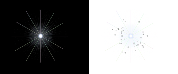 A bright starburst effect on black and transparent backgrounds with lines and dots radiating outward in a celestial pattern