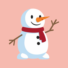 A cheerful snowman with a red scarf waving hello on a pink background