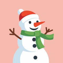 A cheerful winter snowman wearing a cozy red hat and green scarf