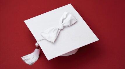 academia. Graduation cap with tassel and decorative bow on red background in a top-down view composition. event programs, museum guides, designed for cultural heritage projects and event programs.