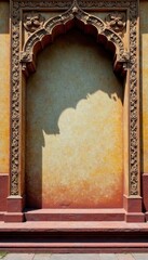 Elaborate lower third frame of Khmer temple wall, showing decorative motifs, texture, sculpture