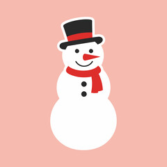 Smiling snowman illustration with a top hat red scarf and carrot nose