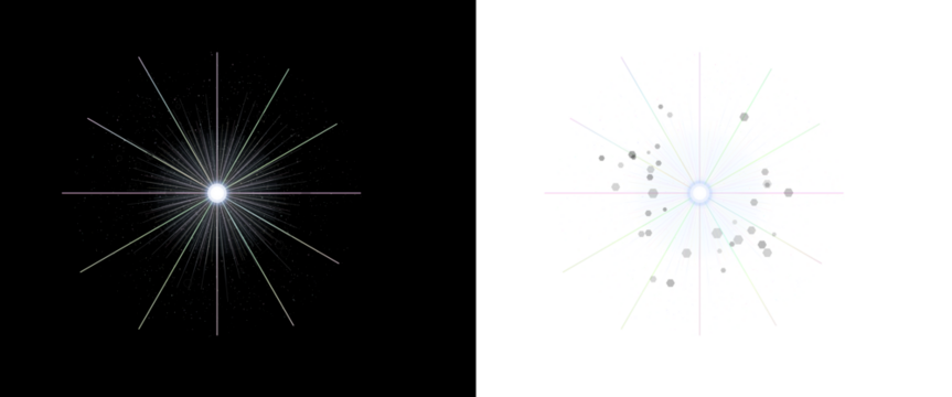 A bright starburst effect on black and transparent backgrounds with lines and dots radiating outward in a celestial pattern - Powered by Adobe