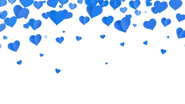 Falling blue paper hearts on a black background