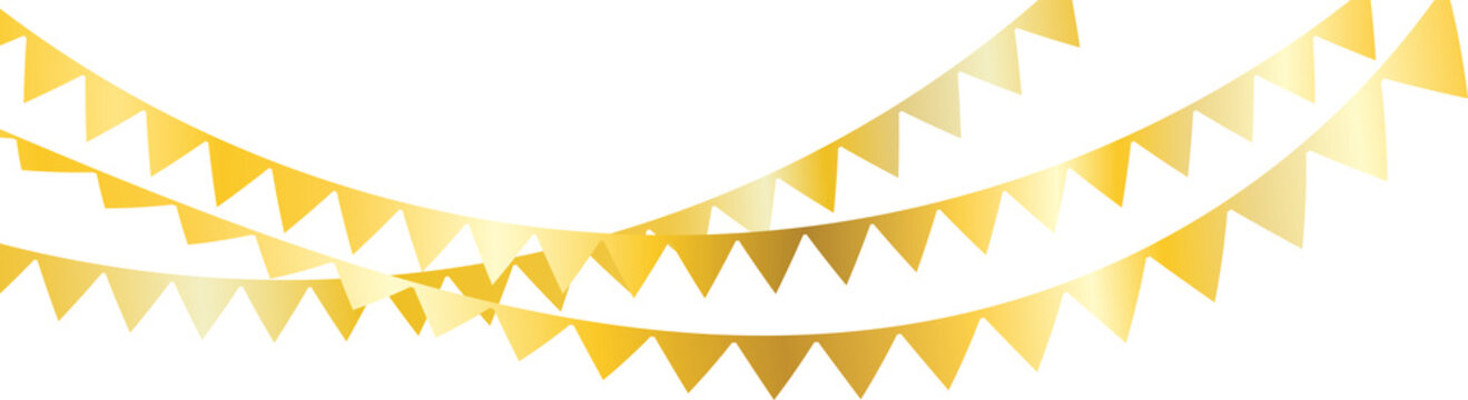 Decorative hanging golden bunting banners with triangular flags, ideal for celebrations and festive occasions