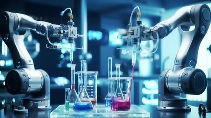 Robotic arms perform science experiment with liquid in laboratory setting - Powered by Adobe